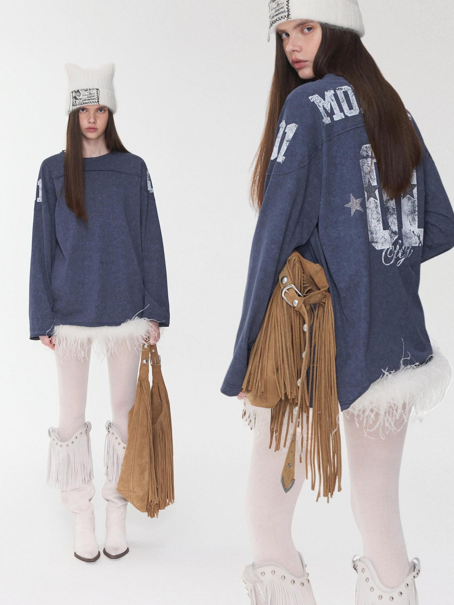 1JINN STUDIO Cotton Blend Printed American Relaxed Long Sleeve Mud Dyed Oversized T-Shirts