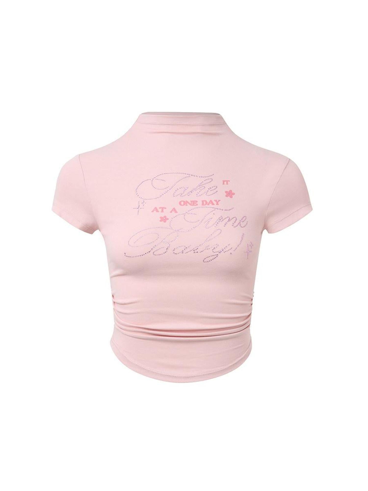 DeleteEx Ruched Cotton Slim Fit Office Ready Short Sleeve Crew Neck Women Basic Crop Tops