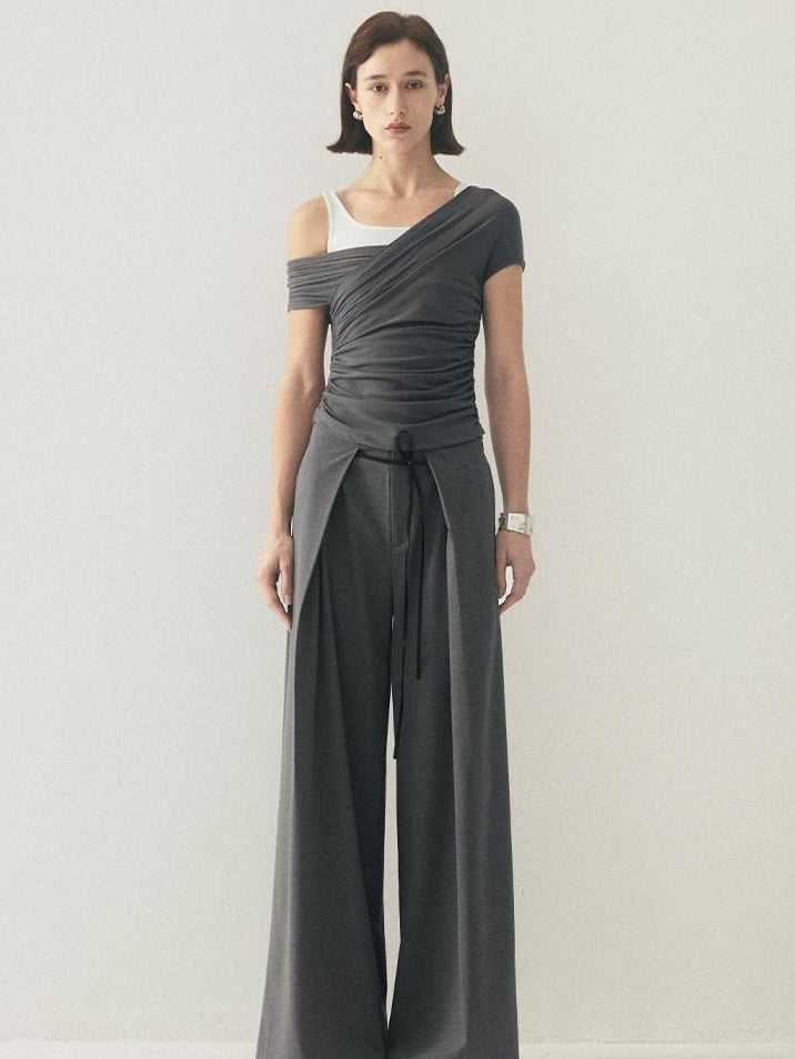 someonesometimes High Waist Stretch Belt Detail Minimalist Polyester Blend Women Wide Leg Pants