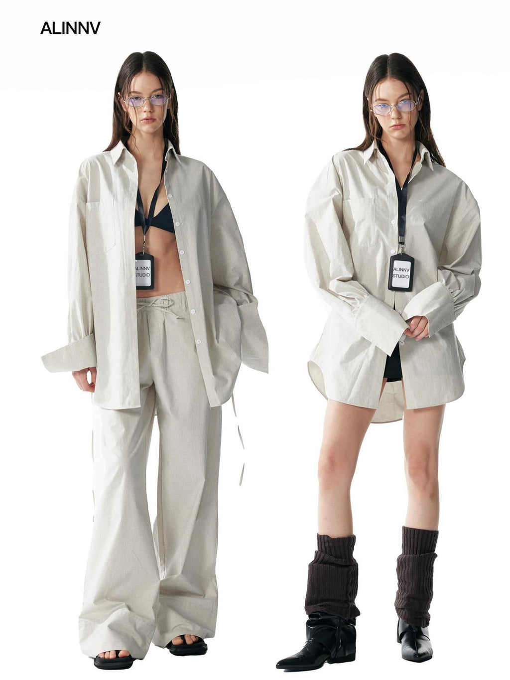 ALINNVSTUDIO Durable Vintage Loose Square Neck Long Sleeve Striped Top & Pants Sets