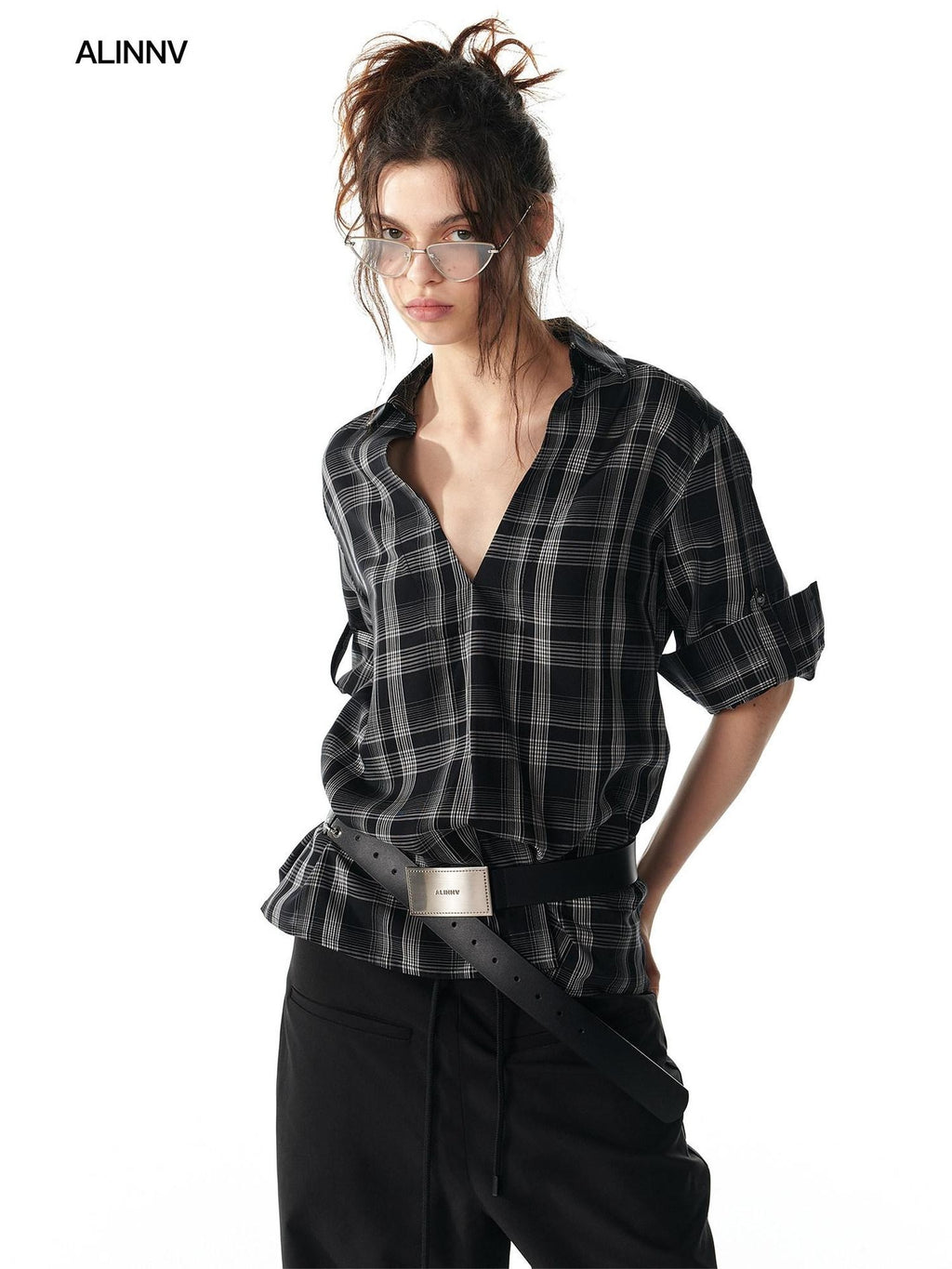 ALINNVSTUDIO Soft Lyocell Cupro Blend Oversized V-neck Button Front Plaid Casual Shirts
