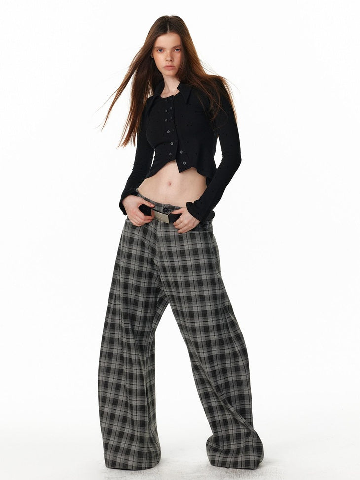 ALINNVSTUDIO Plaid Low Rise Loose American Style Zipper Front Women Wide Leg Pants