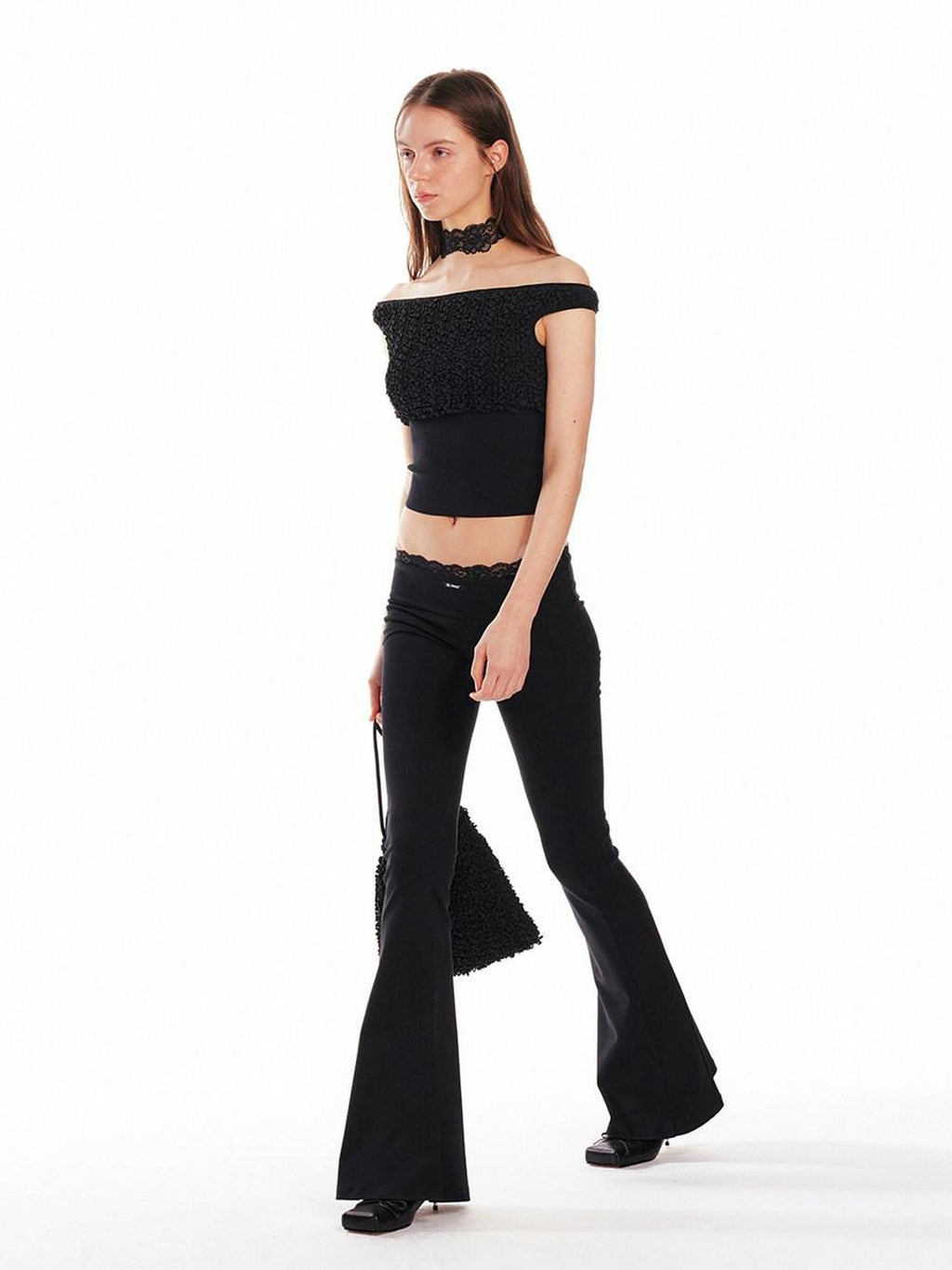 ALINNVSTUDIO Minimalist Slim Low Rise Micro Flare Zip Fly Black Women Office Flared Pants