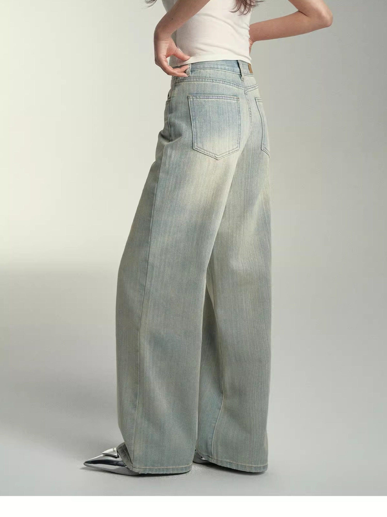 SOMESOWE Cotton Slight Stretch Unisex Loose Natural Waist Washed Blue Wide Leg Jeans