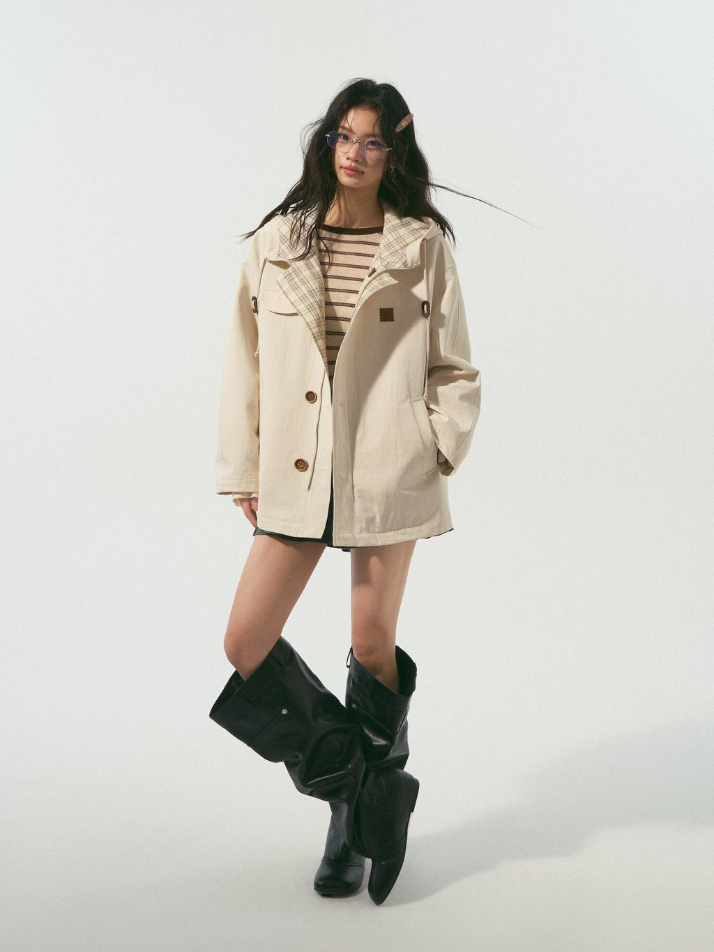 SOMESOWE Versatile Hooded Mid Length Loose Fit Women Plaid Polyester Jackets