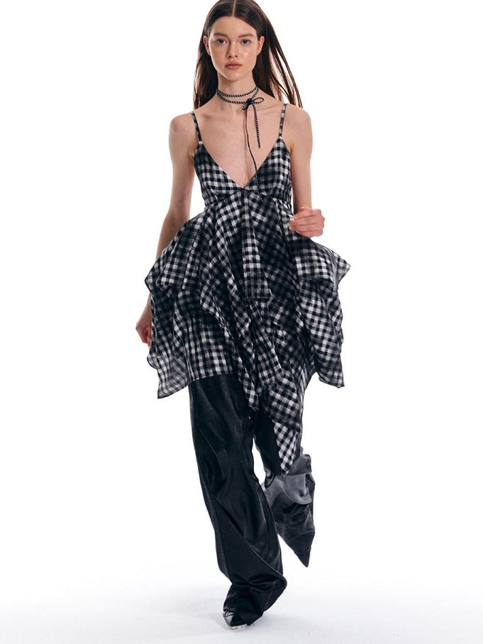 ALINNVSTUDIO Plaid Strappy Polyester Sweet Spicy Sleeveless Youth City Commute Midi Dresses