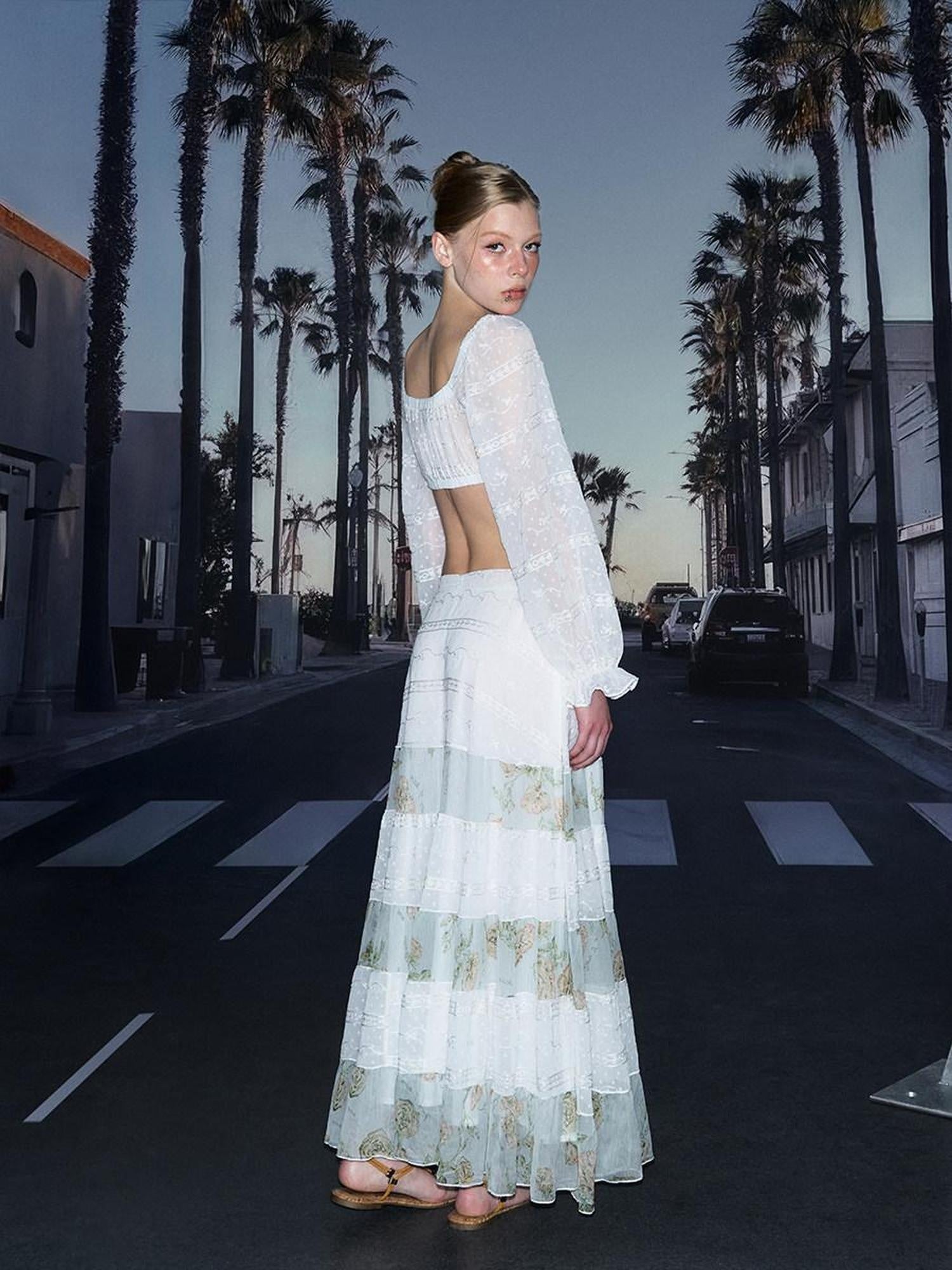 DeleteEx Soft Korean Tiered Mid Rise Loose Fit White Green Floral Patchwork Maxi Skirts
