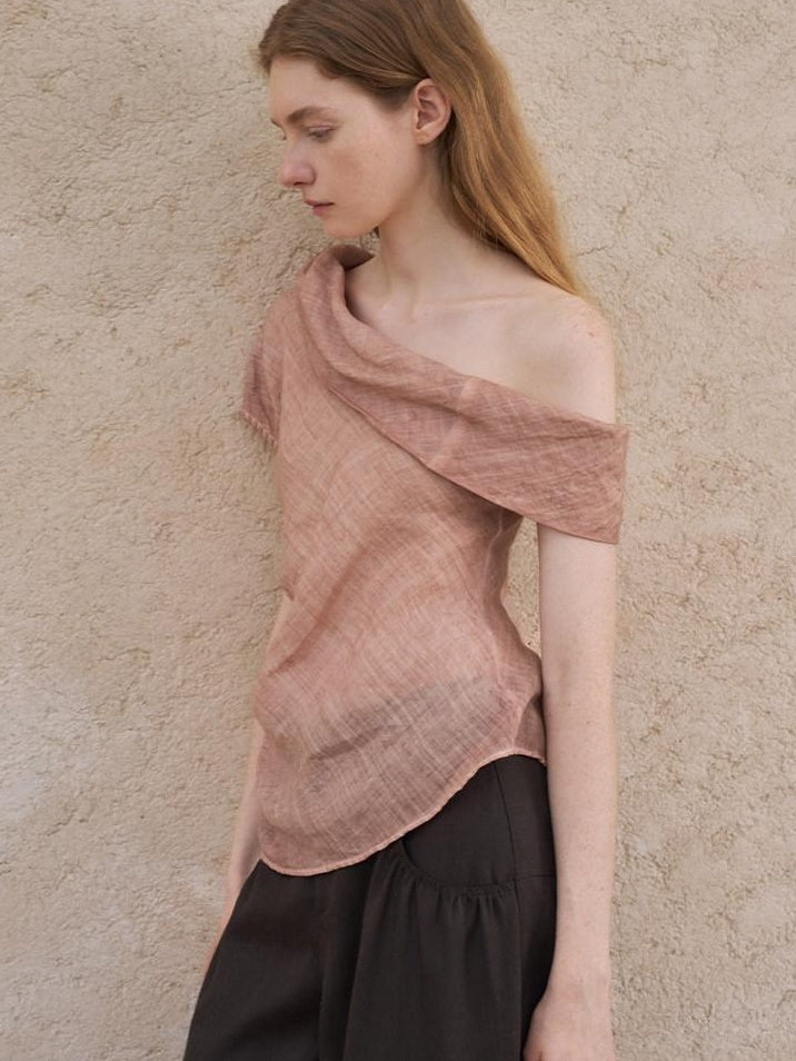 someonesometimes Antibacterial Uv Pure Ramie Pleated Slim One Shoulder Women Brick Pink Tank Tops