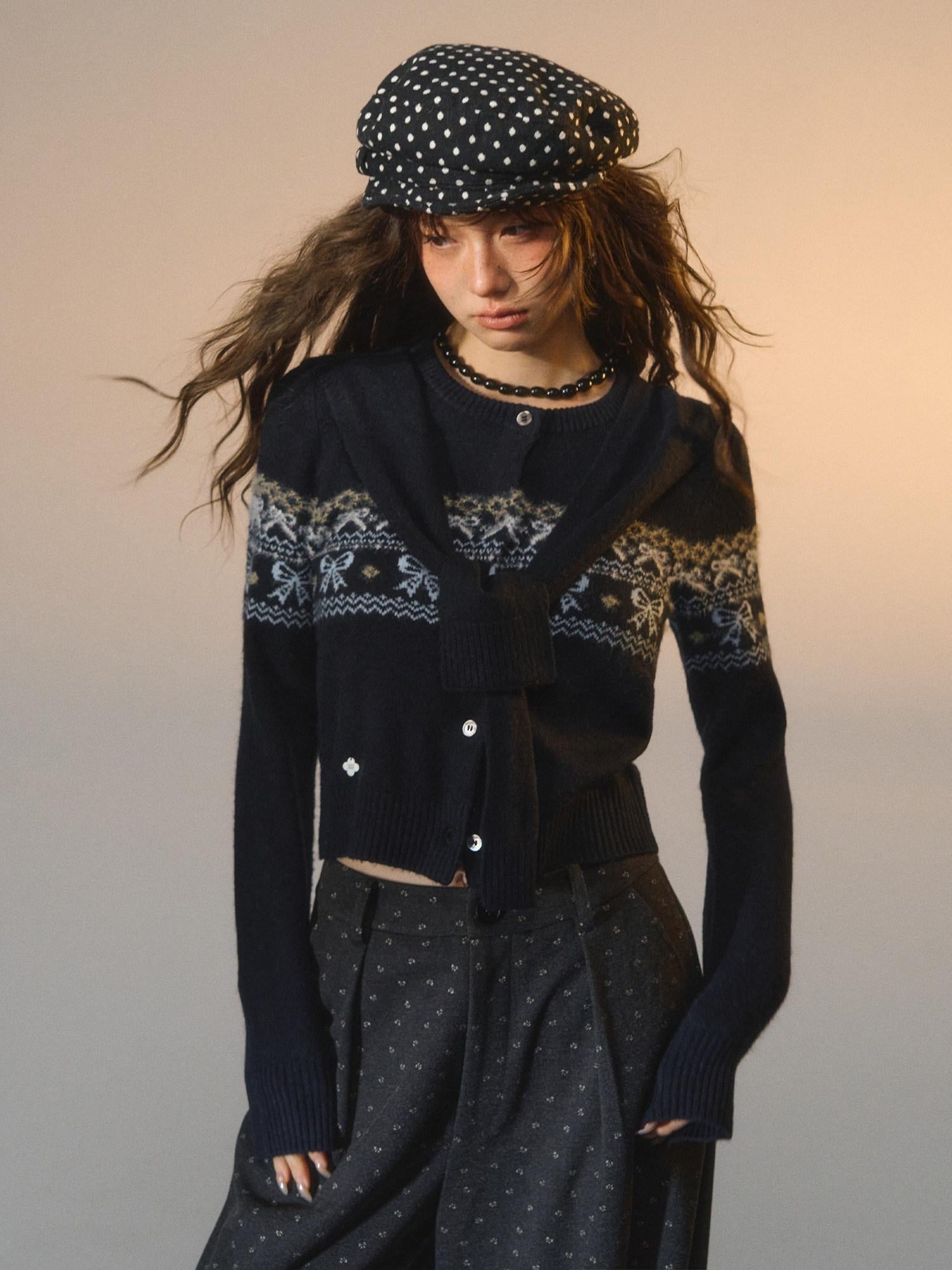 SOMESOWE Minimal Commuter V-neck Button Bow Detail Layered Look Women Navy Knit Cardigans
