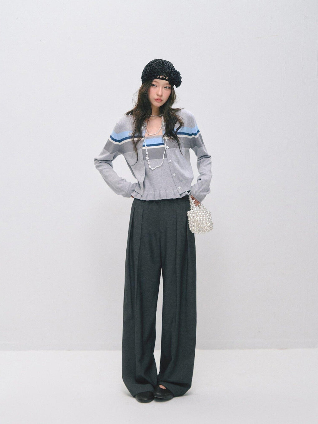 SOMESOWE Ruffle Collared Cardigan Long Sleeve Loose Fit Women Blue Top & Skirt Sets