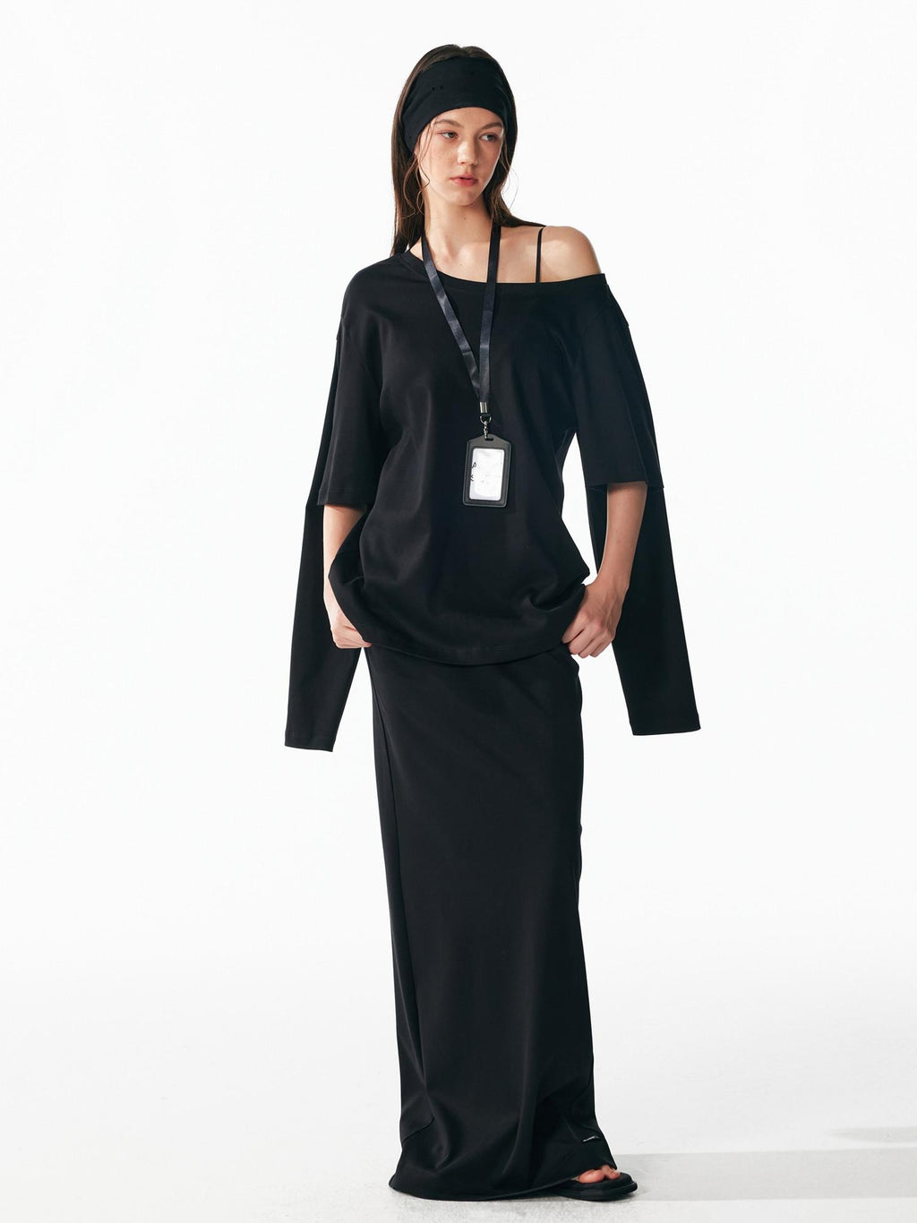 ALINNVSTUDIO Vintage Asymmetric Off Shoulder Loose Cotton Women Black Top & Skirt Sets