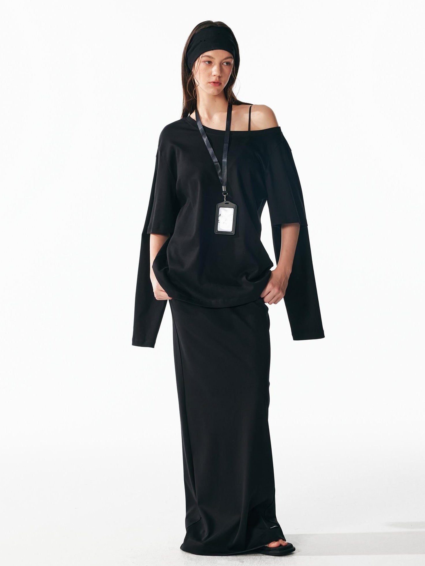 ALINNVSTUDIO Vintage Asymmetric Off Shoulder Loose Cotton Women Black Top & Skirt Sets