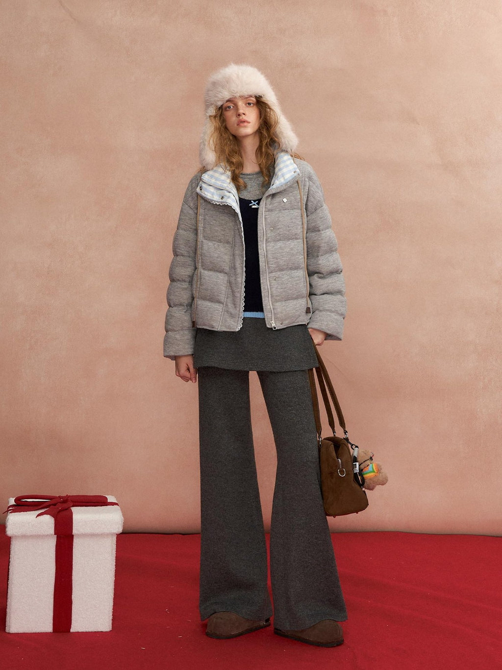 SOMESOWE Warm 90 Percent Duck Down Patchwork Plaid Lapel Zip Women Grey Down Jackets