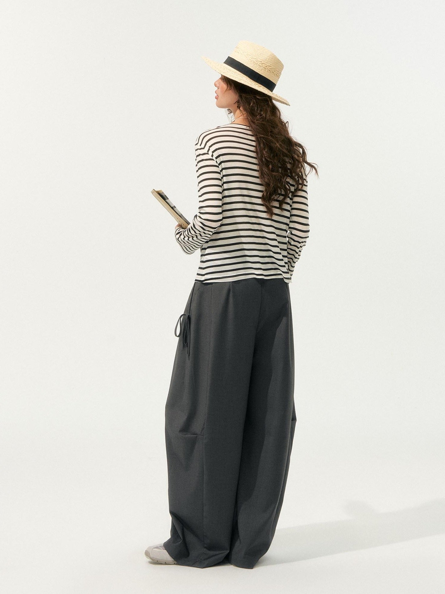 SOMESOWE Plaid Pocket Loose Fit Natural Waist Button Grey Casual Women Wide Leg Pants