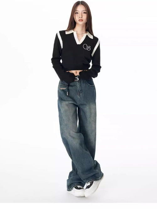 SOMESOWE Cotton Slight Stretch Unisex Loose Natural Waist Washed Blue Wide Leg Jeans