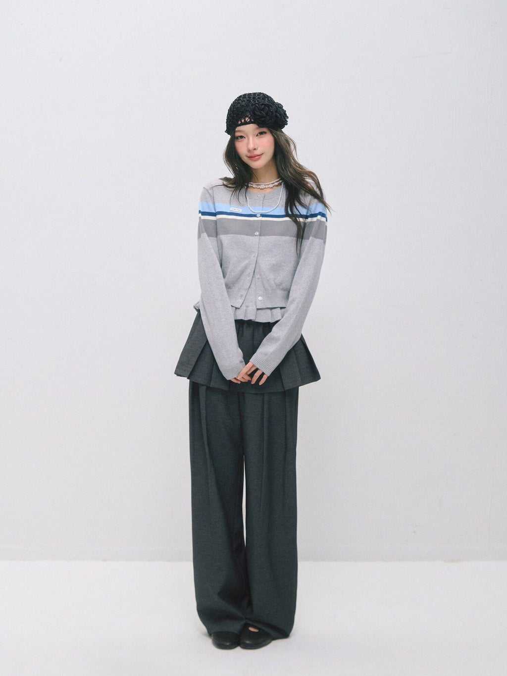 SOMESOWE Ruffle Collared Cardigan Long Sleeve Loose Fit Women Blue Top & Skirt Sets
