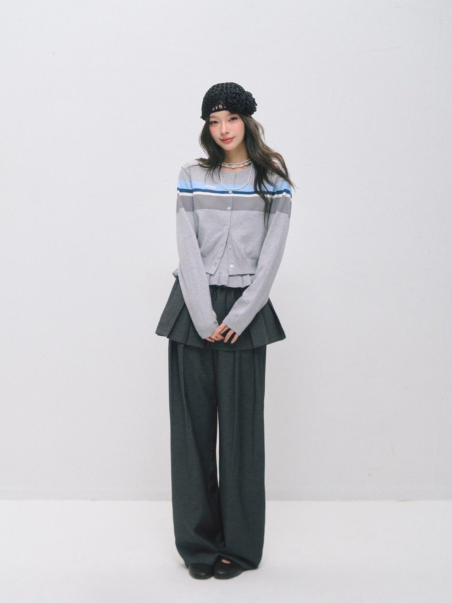 SOMESOWE Ruffle Collared Cardigan Long Sleeve Loose Fit Women Blue Top & Skirt Sets