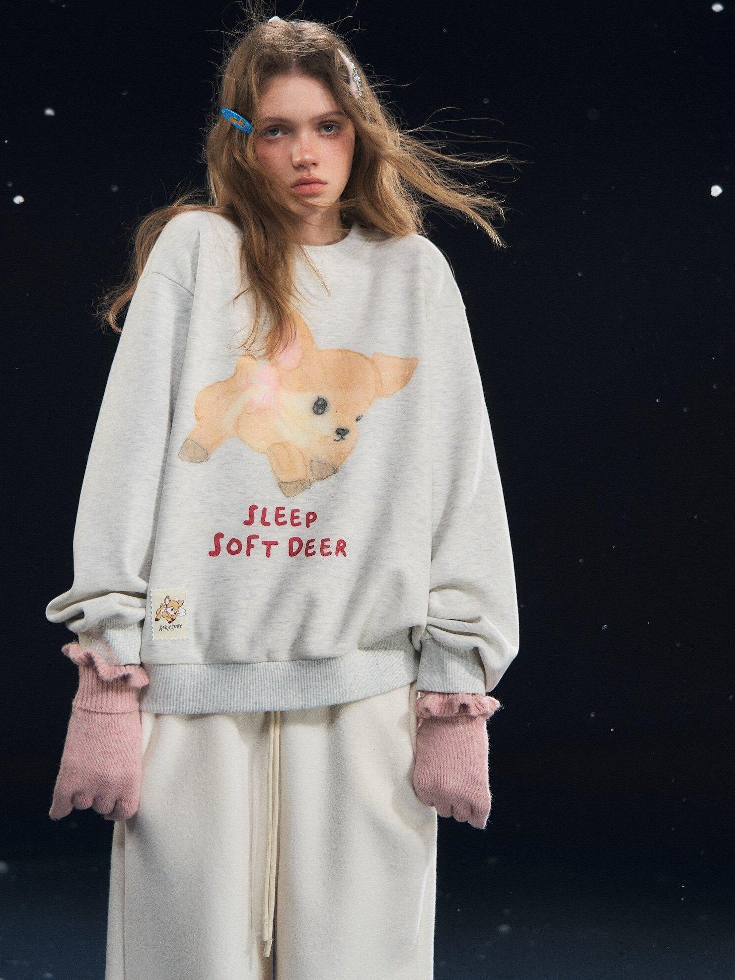 SOMESOWE Cartoon Print Oversized Crewneck Loose Fit Long Sleeve Commuter Sweatshirt