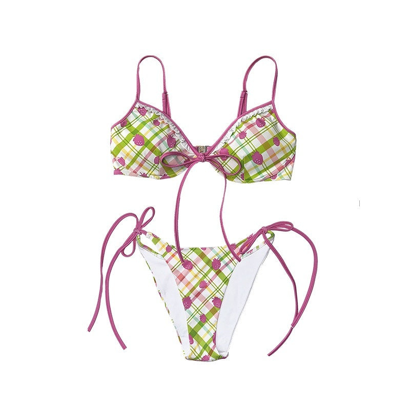DeleteEx_Cute_Pink_Strawberry_Print_Flirty_Two_Piece_Beach_Swim_Bikini_Sets_MISSTT