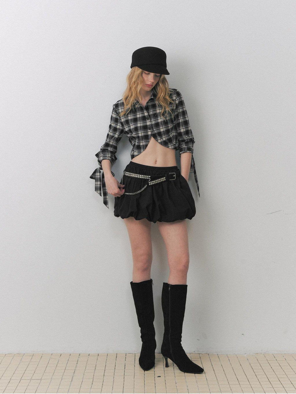 DeleteEx Skin Friendly Breathable Vintage Cropped High Waist Plaid Lapel Bow Blouses