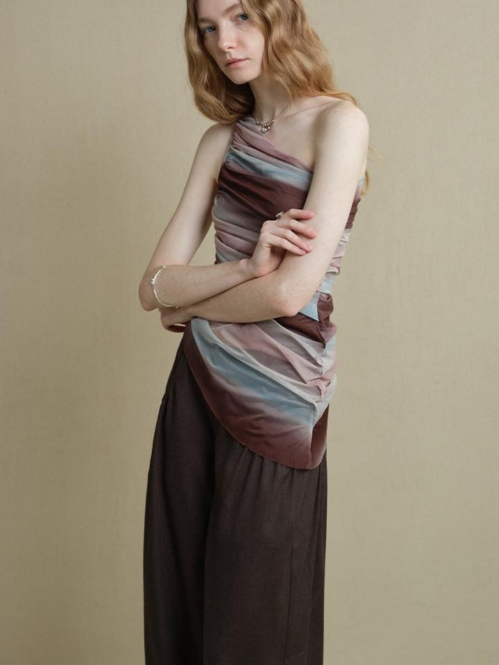 someonesometimes Breathable Tie Dye Stripe Print Slim Fit Versatile Women Off Shoulder Crop Tops
