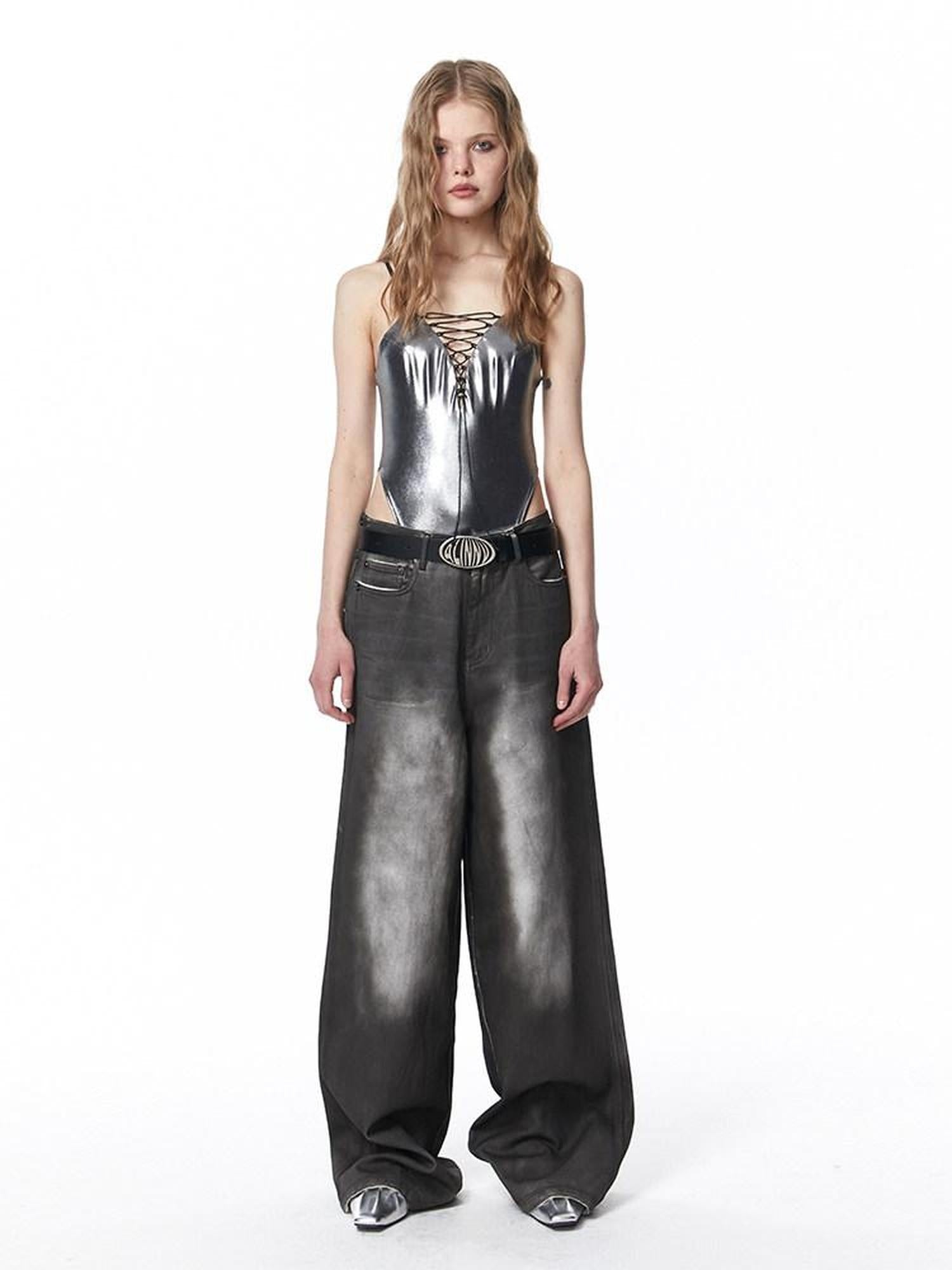 ALINNVSTUDIO Distressed Vintage Natural Waist Long Dark Gray Zip Fly Denim Wide Leg Jeans