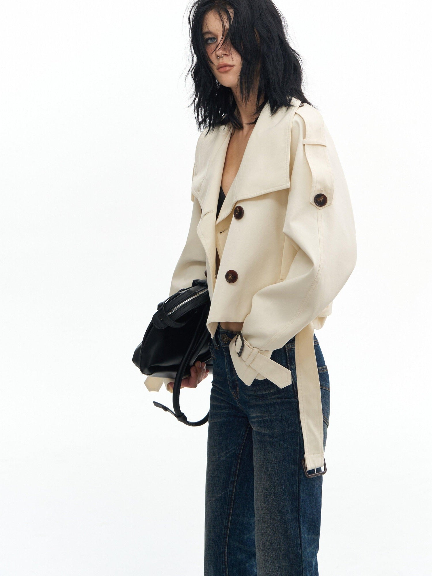 DeleteEx Cotton Blend Stand Collar Short Double Breasted London Off White Trench Coats