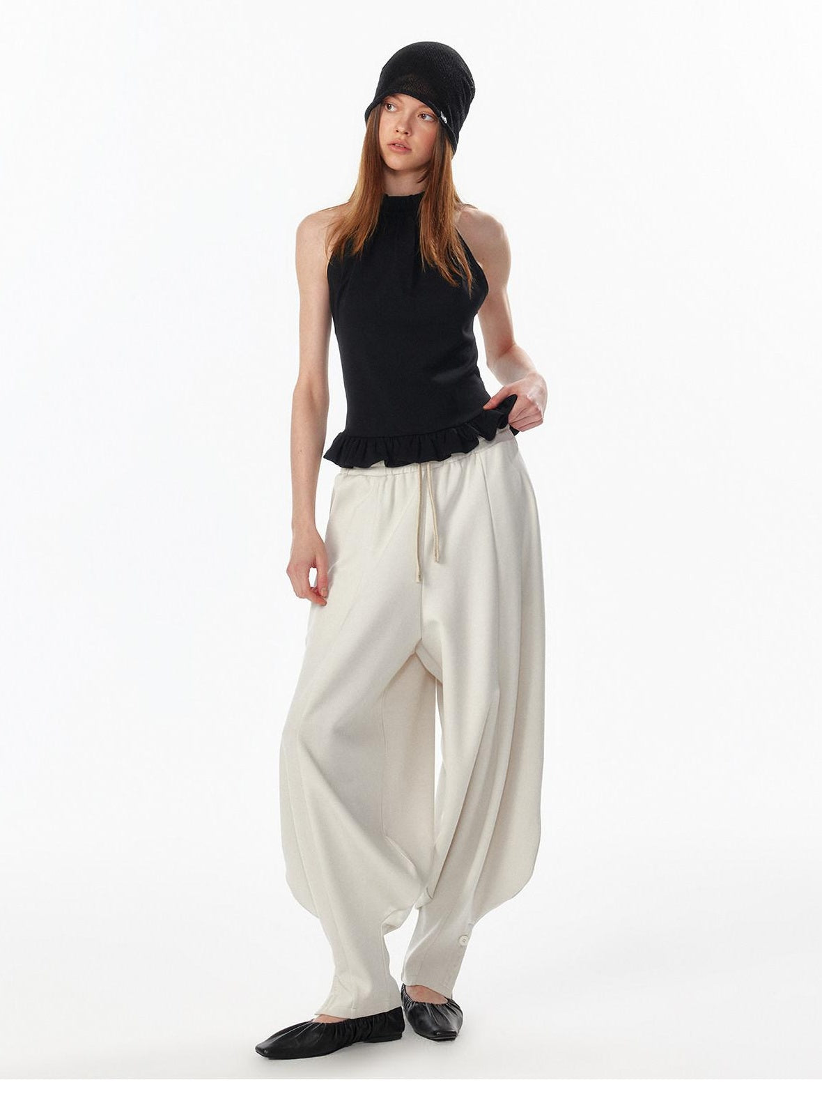 ALINNVSTUDIO Breathable Modal Loose Balloon Split Hem Natural Waist Women Black Sweatpants