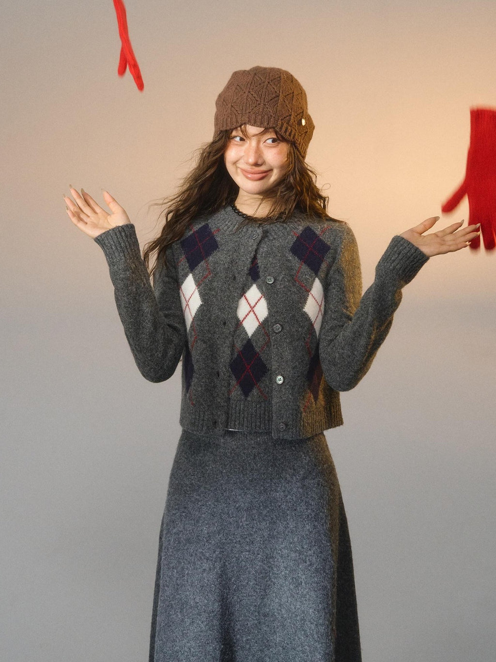 SOMESOWE Embroidered Plaid Slim Fit Long Sleeve Crew Neck Women Casual Top & Skirt Sets