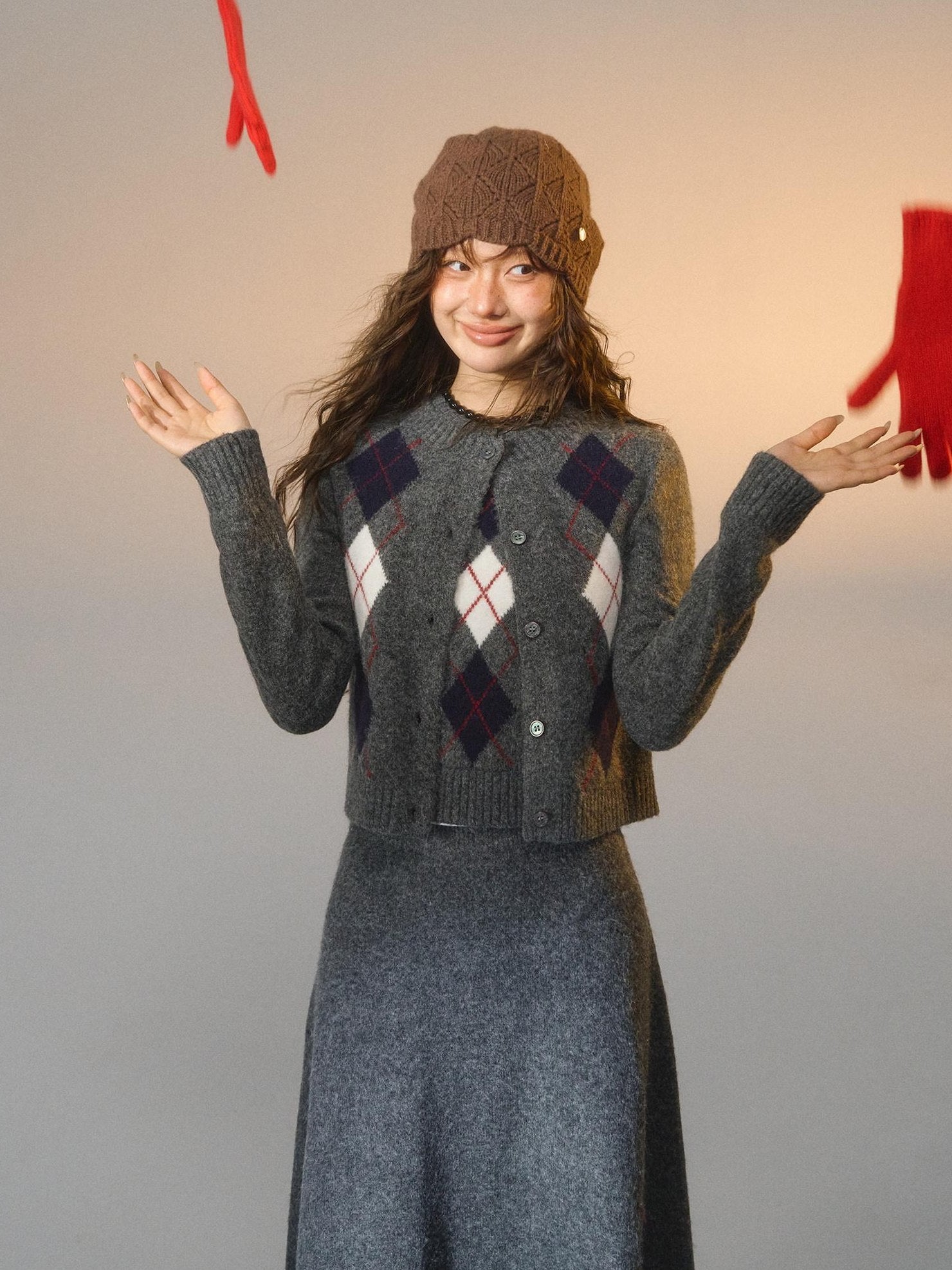 SOMESOWE Embroidered Plaid Slim Fit Long Sleeve Crew Neck Women Casual Top & Skirt Sets