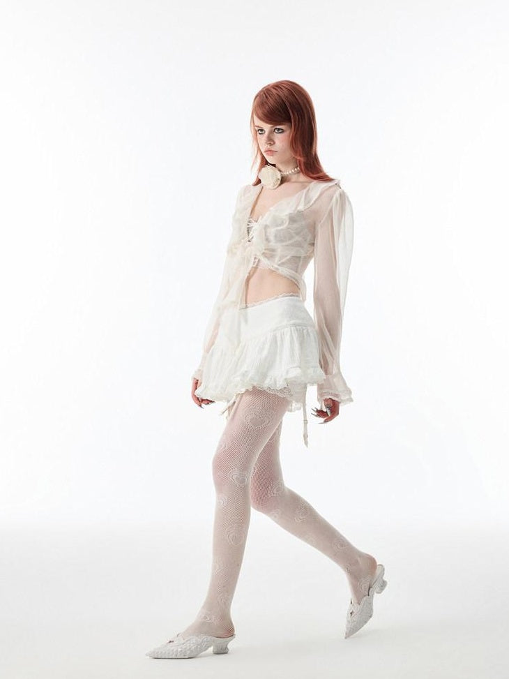 1JINN STUDIO Lace Tiered A Line Mid Waist Commuter Daily Youth Black White Mini Skirts