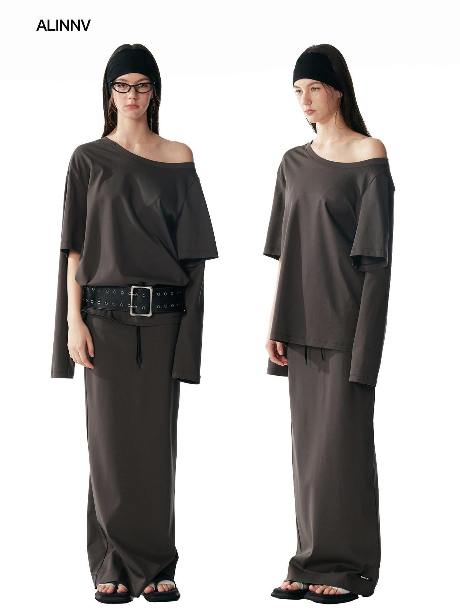 ALINNVSTUDIO Vintage Asymmetric Off Shoulder Loose Cotton Women Black Top & Skirt Sets