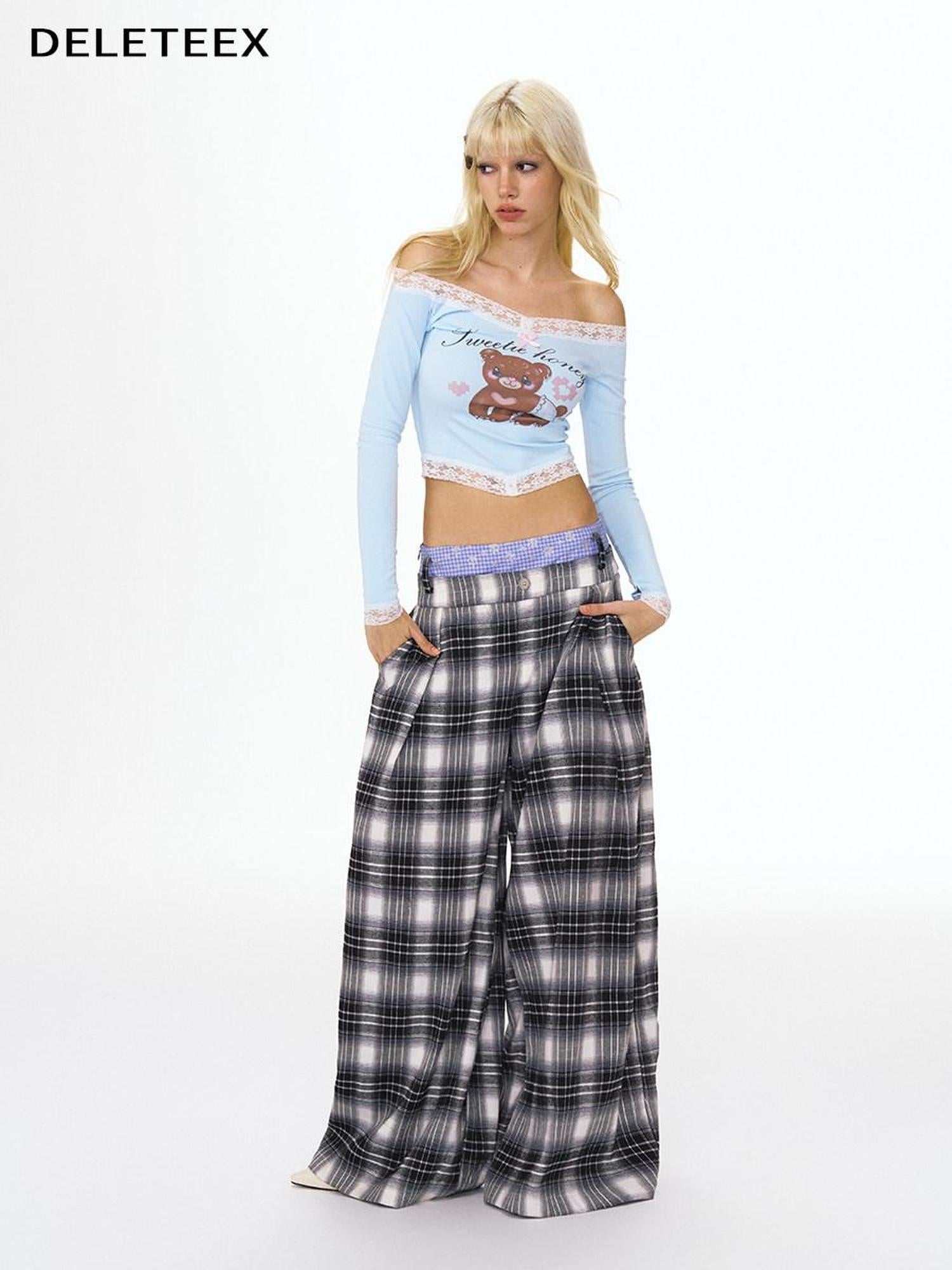 Double Waist Zipper Natural Waist Relaxed Plaid Polyester Stretch Wide Leg Pants