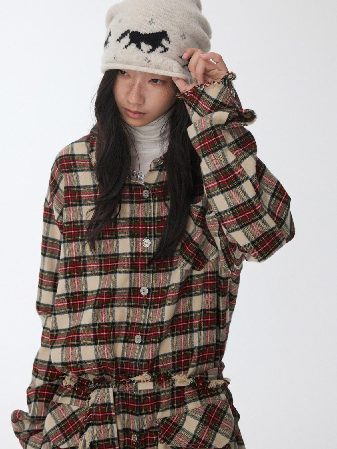 1JINN STUDIO Cotton Plaid Workwear Loose Straight Fit Long Sleeve Casual Women Mini Dresses