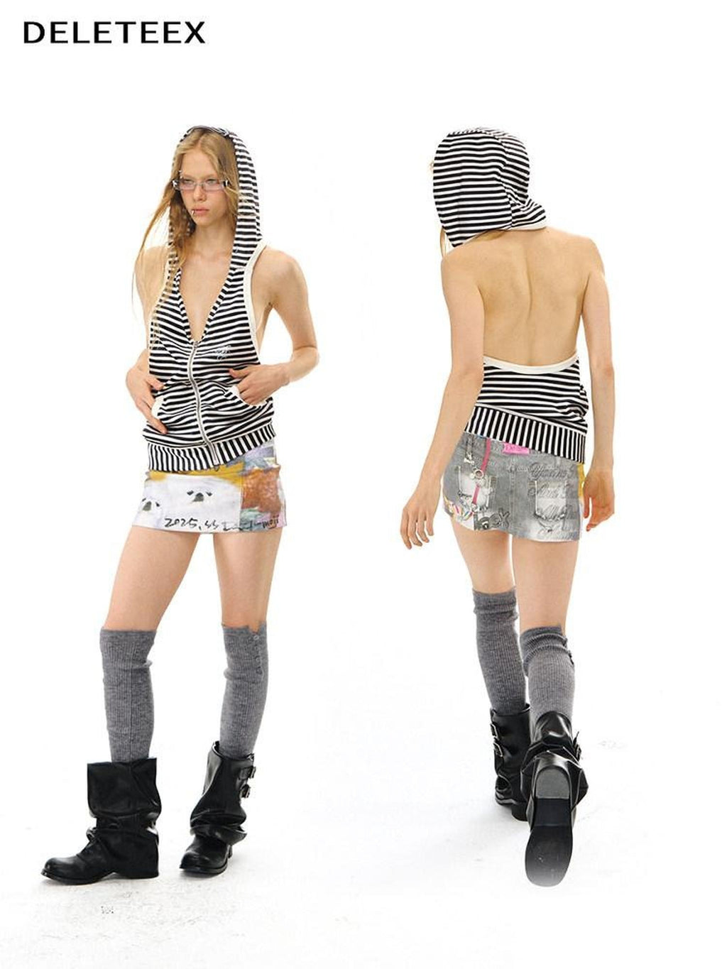 DeleteEx Original Loose Fit Zipper Front Strappy Black White Plaid Polyester Tank Tops