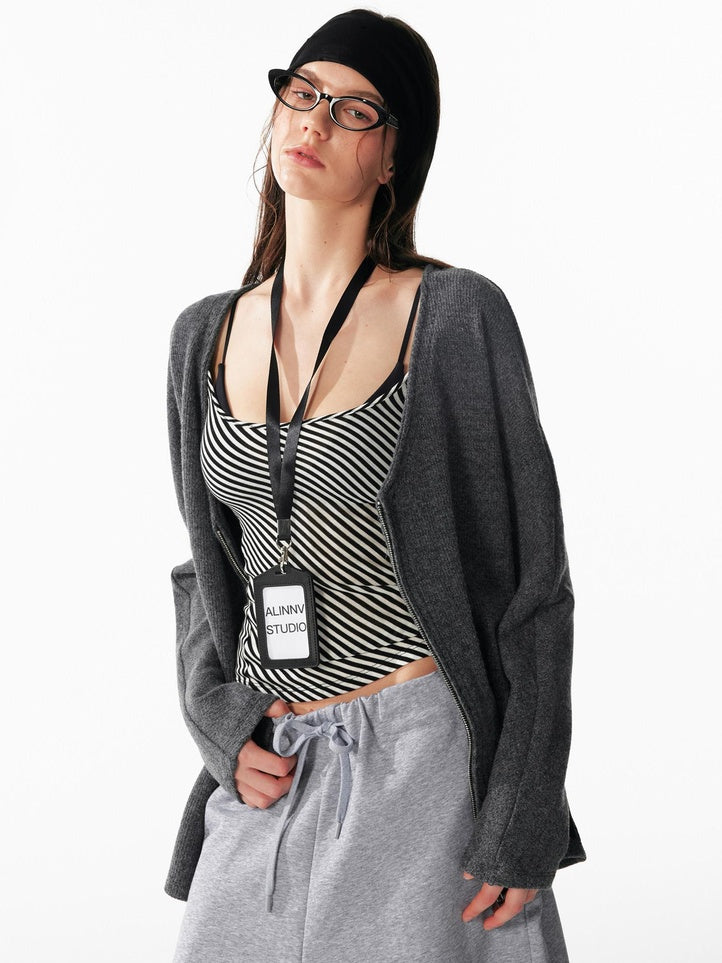 ALINNVSTUDIO Non Deforming Vintage Zip Regular Fit Long Sleeve Women Knit Black Cardigans