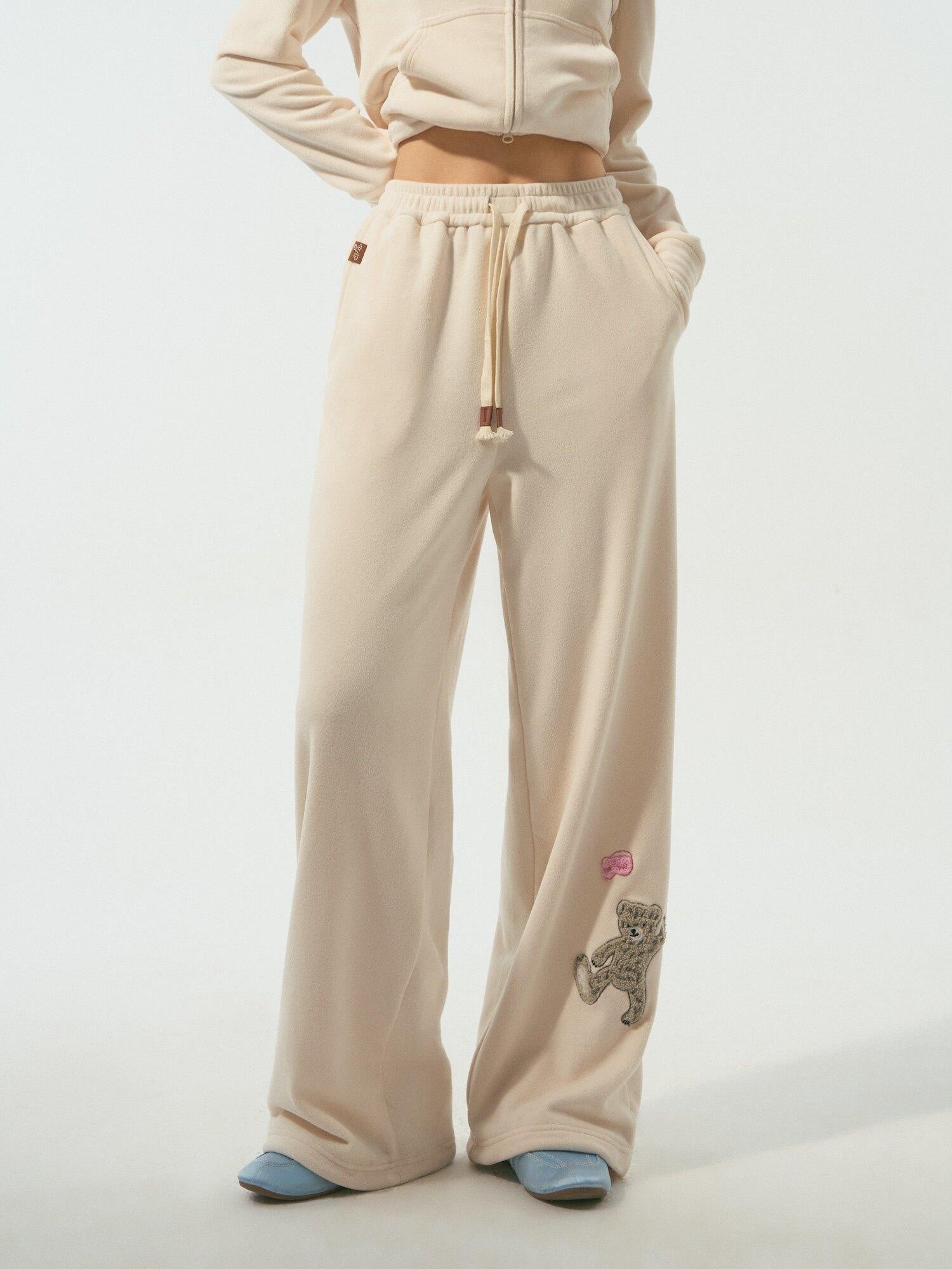 SOMESOWE Cozy Patchwork Loose Fit Casual Women Two Piece Set Goodnight Bear Sweatpants