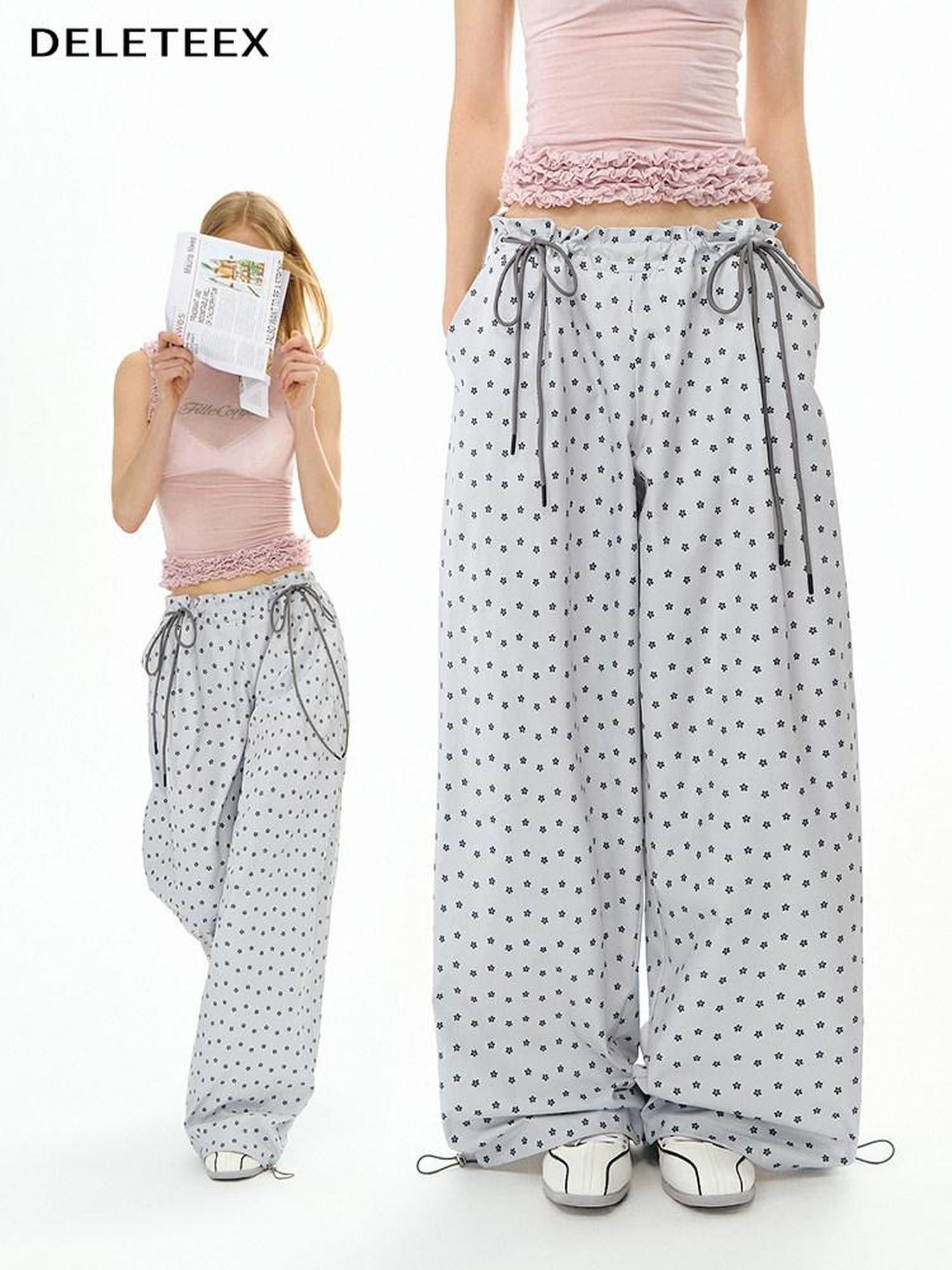 DeleteEx Soft 100 Percent Polyester Silver Gray Print Flowy Casual Wide Leg Pants