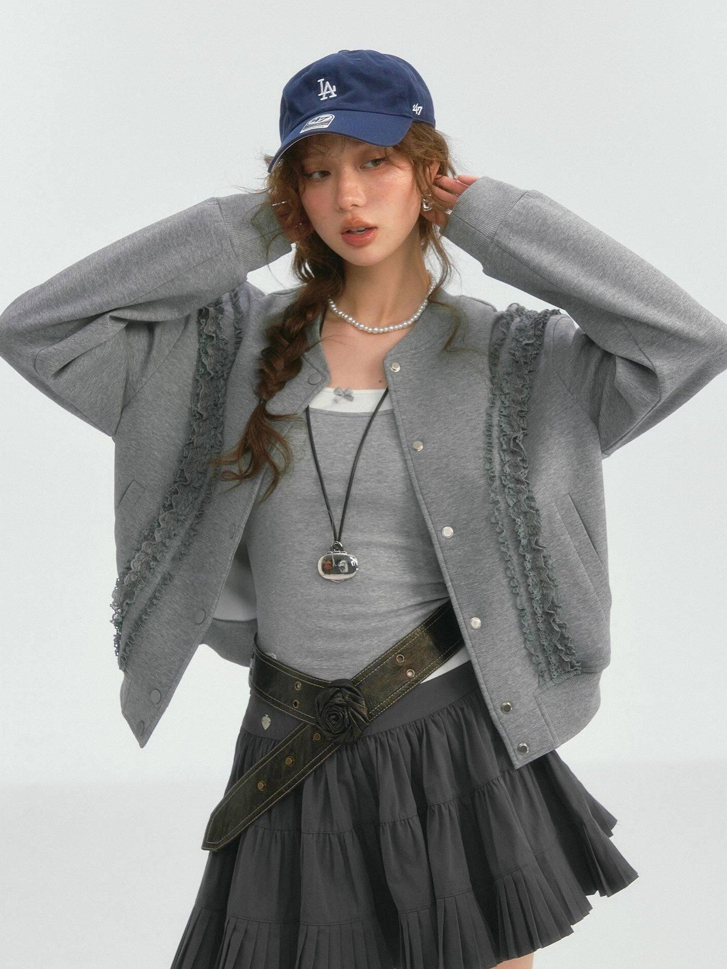 SOMESOWE Lace Trim Loose Fit Commuter Women Button Closure Navy Gray Bomber Jackets