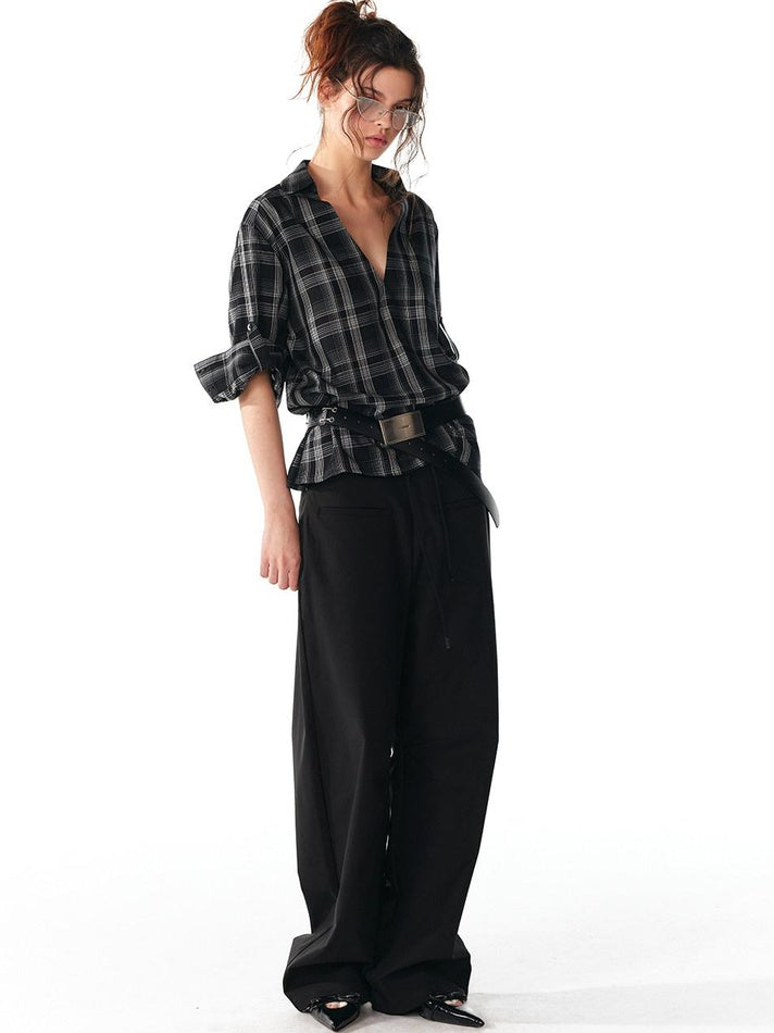ALINNVSTUDIO Soft Lyocell Cupro Blend Oversized V-neck Button Front Plaid Casual Shirts
