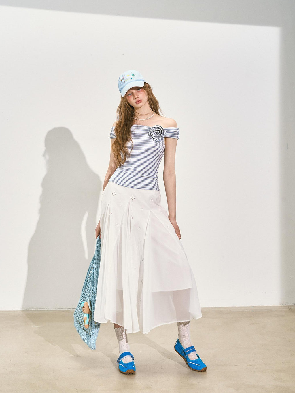 SOMESOWE Stretch Cotton Slim Cropped Bardot Blue White Striped Short Sleeve T-Shirts