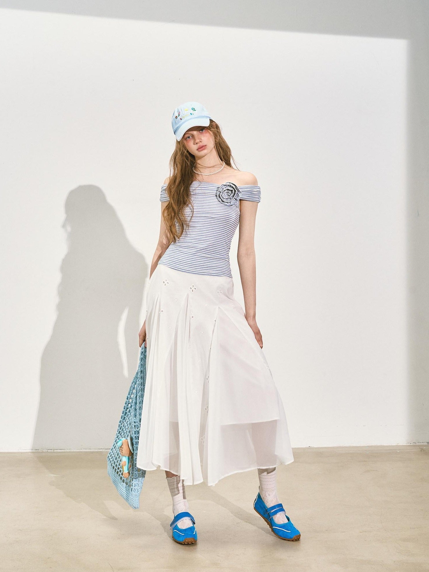 SOMESOWE Stretch Cotton Slim Cropped Bardot Blue White Striped Short Sleeve T-Shirts
