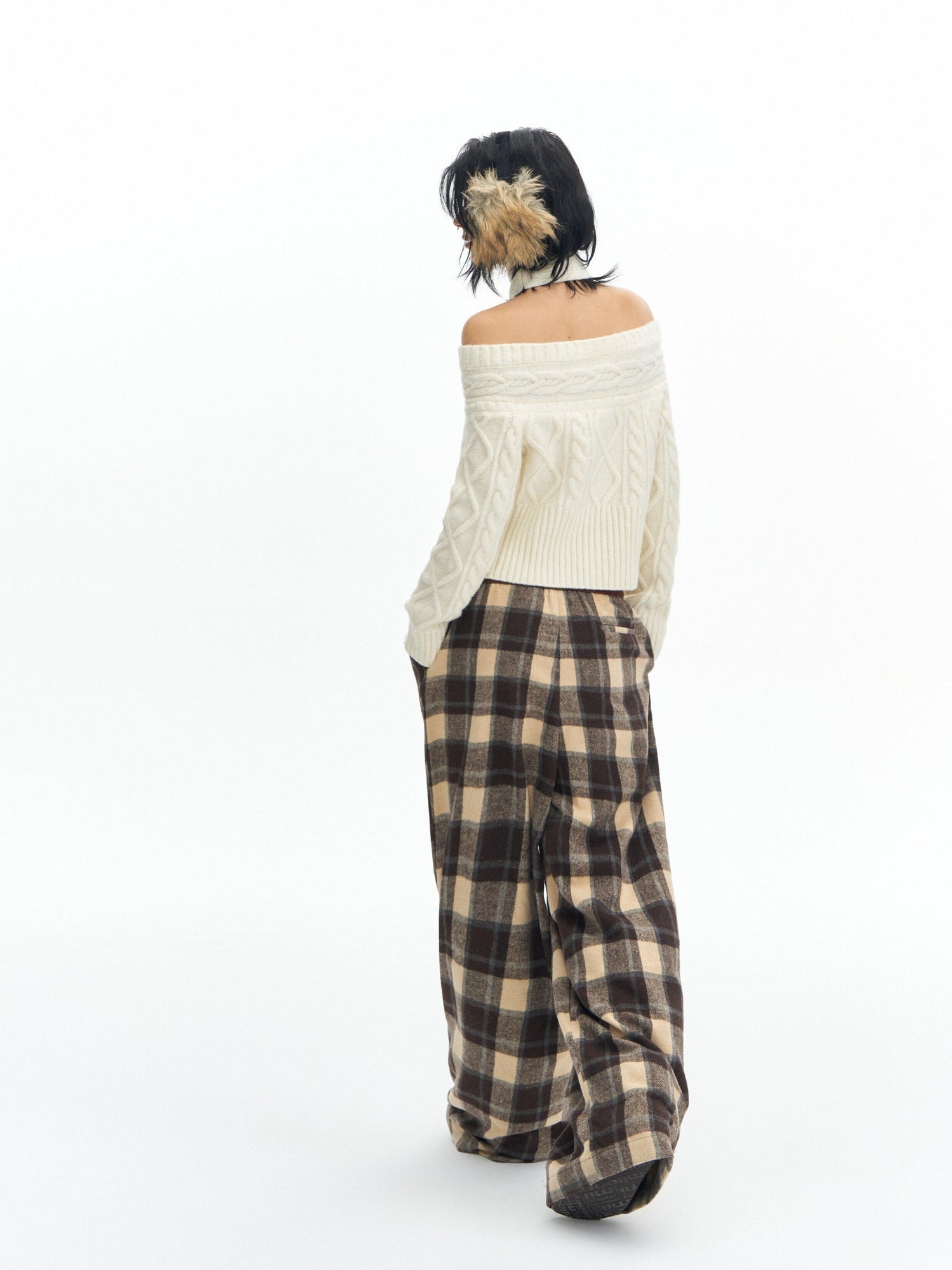 DeleteEx High Waist Vintage Plaid Womens London Polyester Wide Leg Pants
