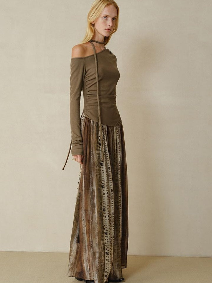 someonesometimes Chiffon Ruched Oil Painting Ombre One Shoulder V-neck A Line Girls Maxi Dresses
