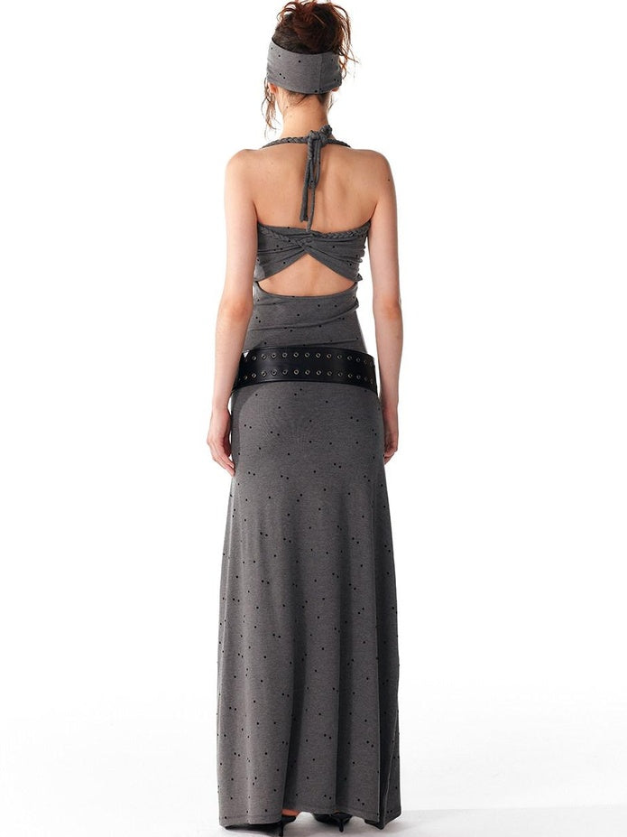 ALINNVSTUDIO Elegant Halter Neck Cinched Waist Modal Sleeveless Solid Black Grey Maxi Dresses