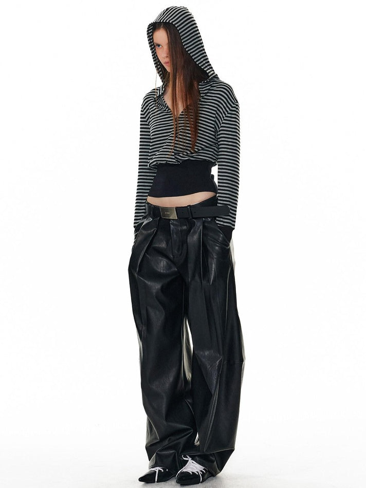 ALINNVSTUDIO Pu Leather Utility Natural Waist Curved Seam Black Women Wide Leg Pants