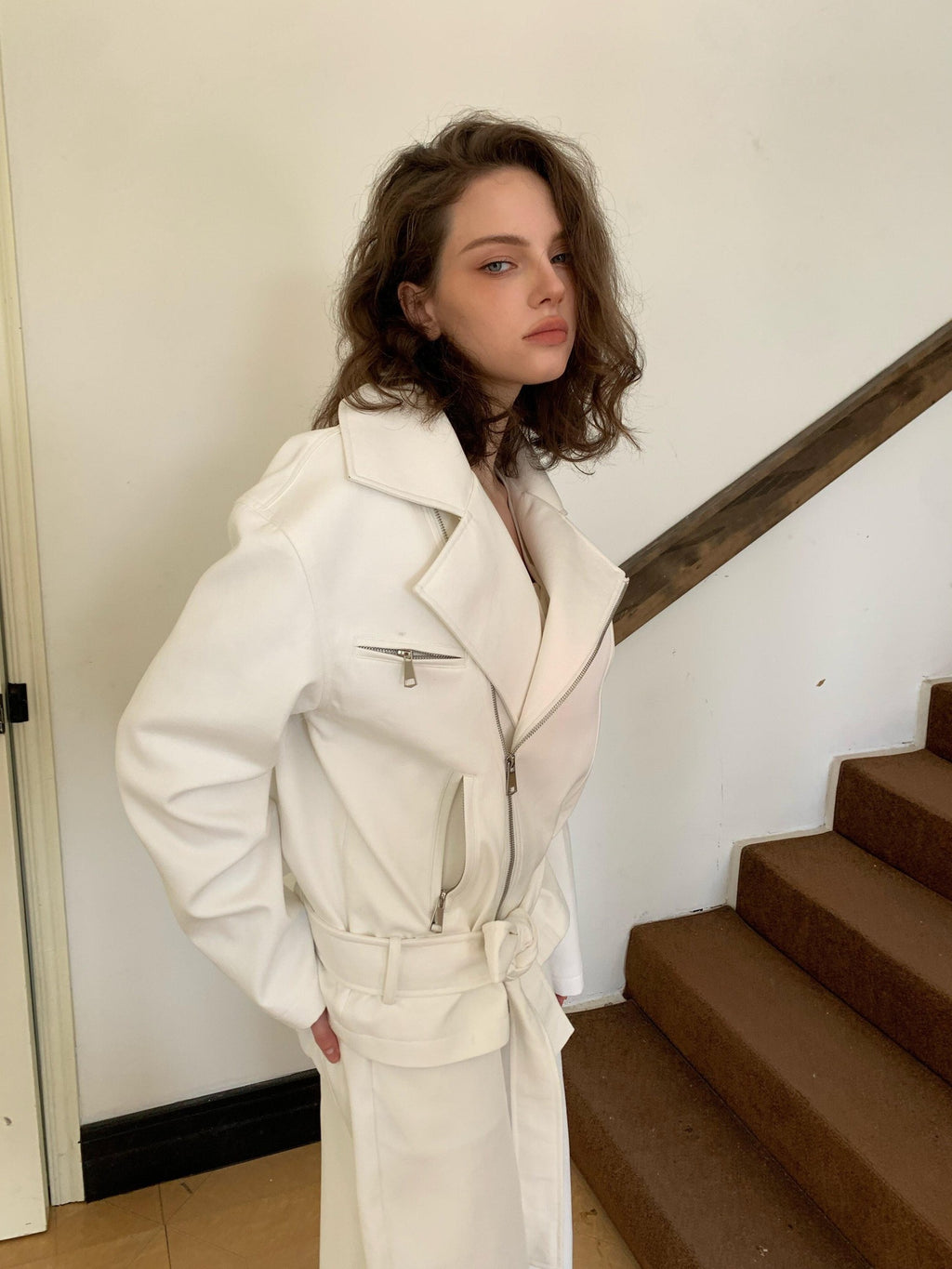 BUZHOU 100% Cotton Lapel Edgy Biker Short Women White Jacket Cropped Jackets
