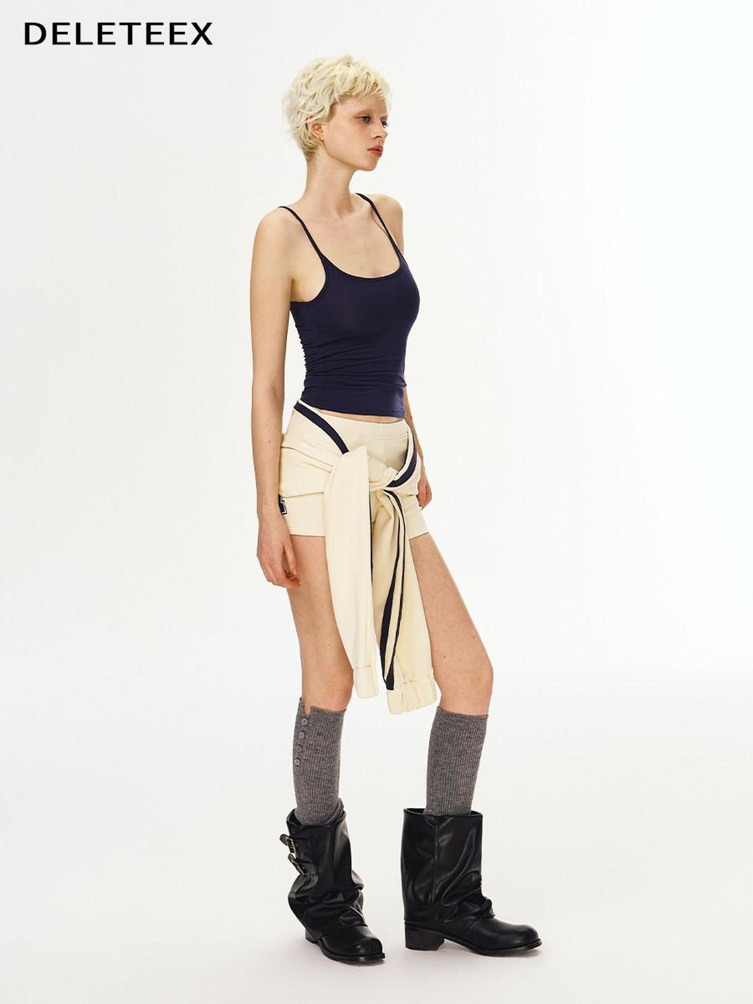 DeleteEx Stretch Knit Slim Natural Waist Cotton Blend Minimalist Beige Navy Mini Shorts