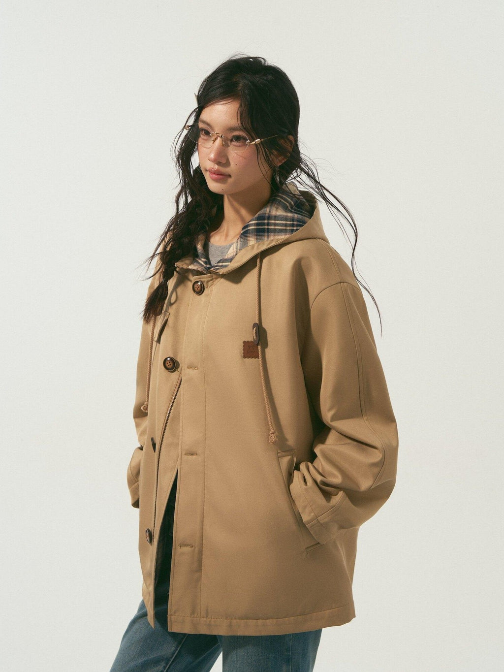 SOMESOWE Versatile Hooded Mid Length Loose Fit Women Plaid Polyester Jackets