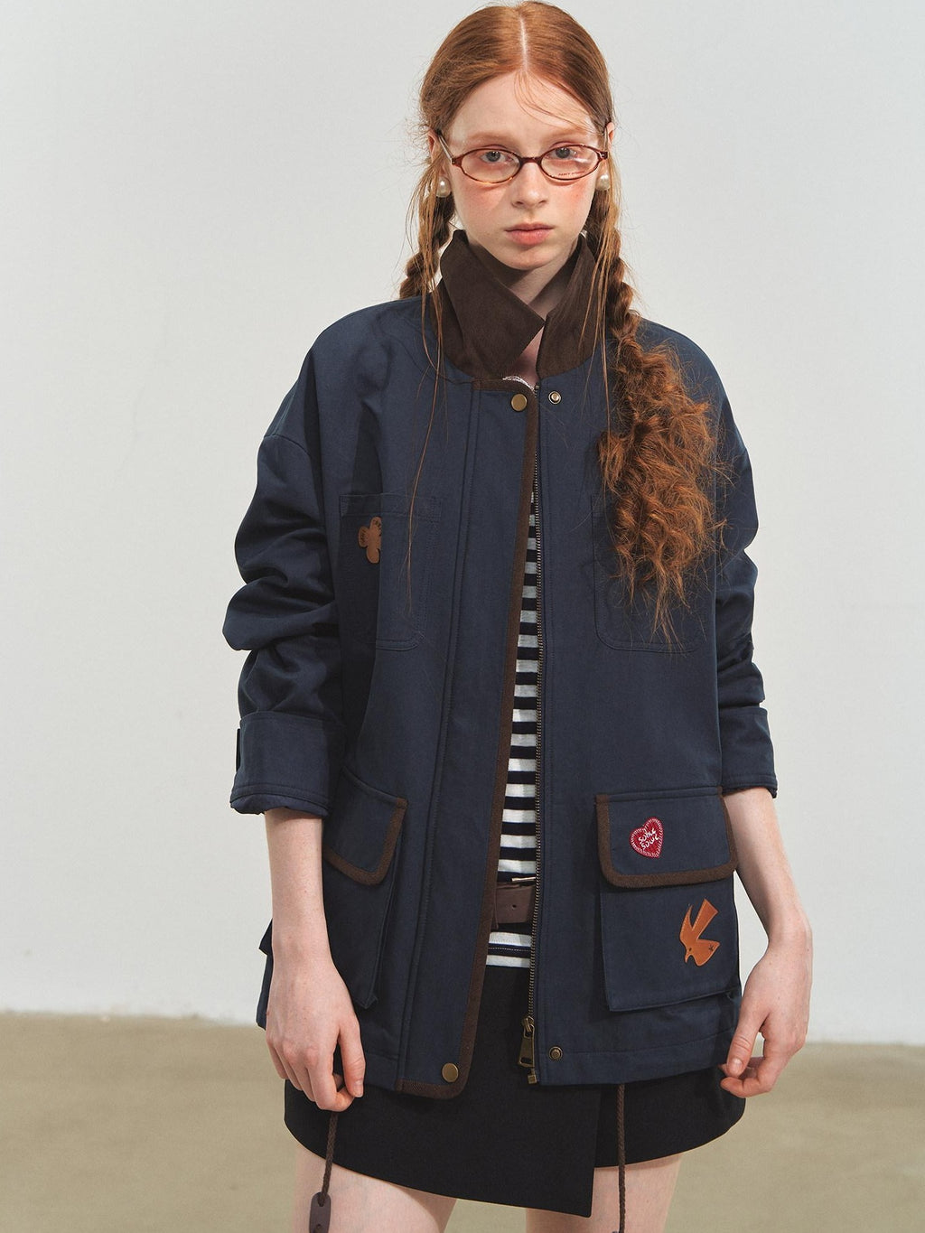 SOMESOWE Everyday Casual Loose Fit Flap Pocket Zip Front Women Khaki Navy Bomber Jackets